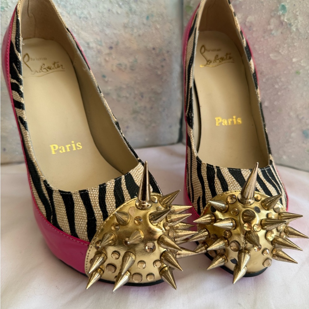 Christian Louboutin Pink and Gold Spiked Zebra Heels